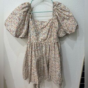 White Floral Mini Dress with Puff Sleeves and a Tie-Back (Sweet Lemon Boutique)